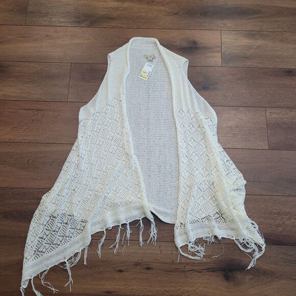 Ivory Crochet Open Cardigan Sweater Womens 2X Live And Let Live Boho Fringe - Picture 1 of 13